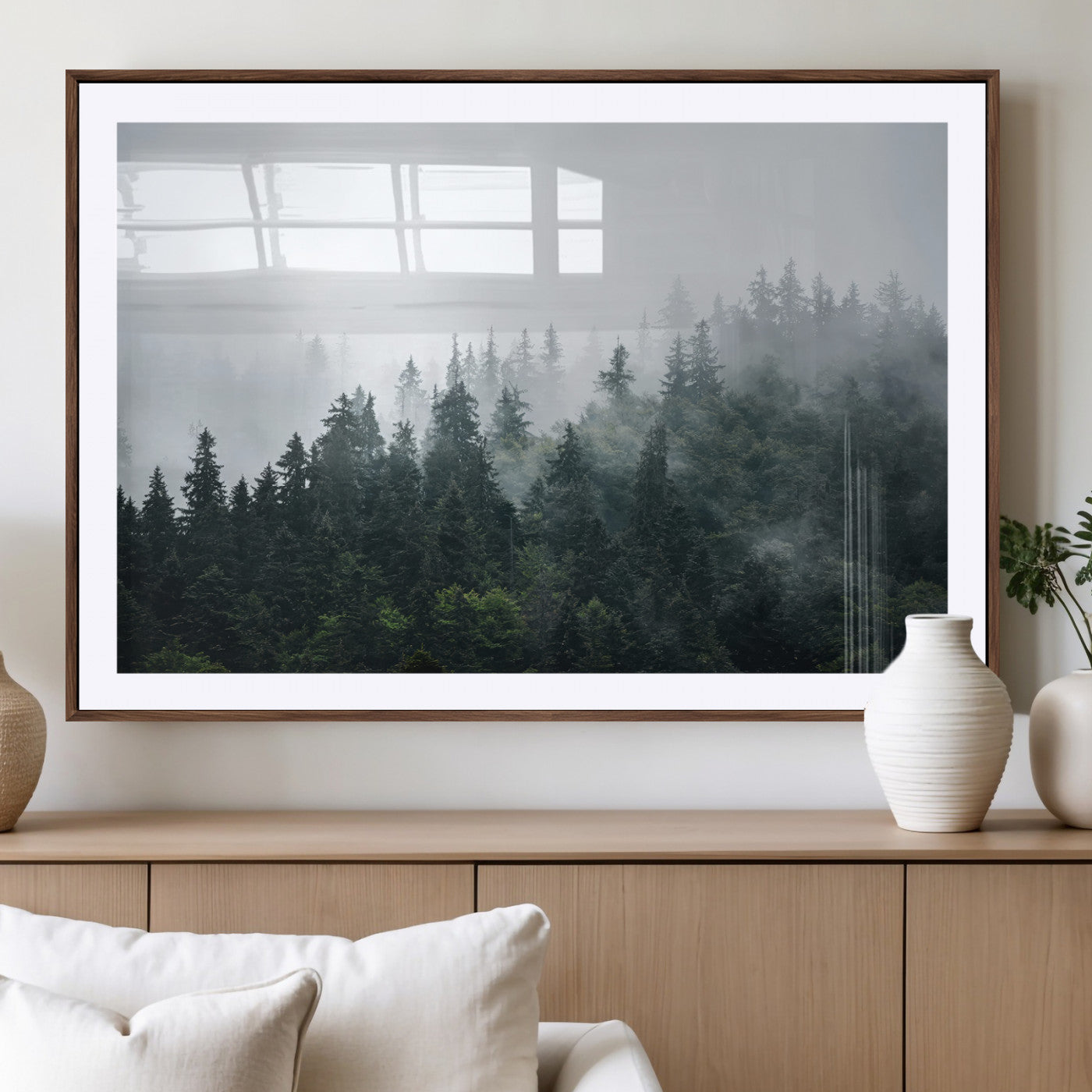 84146572-MGV-CV-36X24-Foggy Pine Trees Wall Art Canvas Print, Framed Forest Nature Art Picture Print, Evergreen Forest Perfect Scandinavian Minimalist