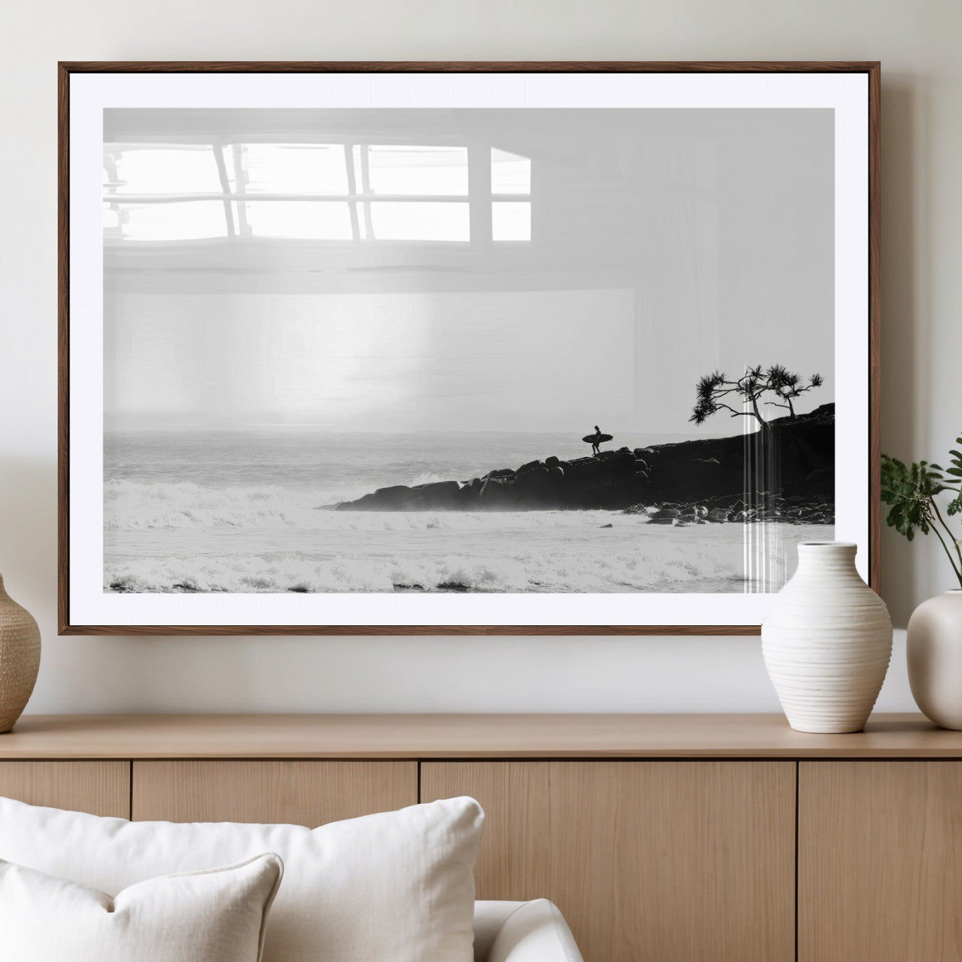 40875891-MGV-CV-36X24-SurferCliffs Wall Art Canvas Print, Framed Black White Beach Art Picture Print, Ocean Waves Perfect Minimalist Coastal Decor
