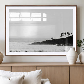 40875891-MGV-CV-36X24-SurferCliffs Wall Art Canvas Print, Framed Black White Beach Art Picture Print, Ocean Waves Perfect Minimalist Coastal Decor
