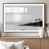 40875891-MGV-CV-36X24-SurferCliffs Wall Art Canvas Print, Framed Black White Beach Art Picture Print, Ocean Waves Perfect Minimalist Coastal Decor