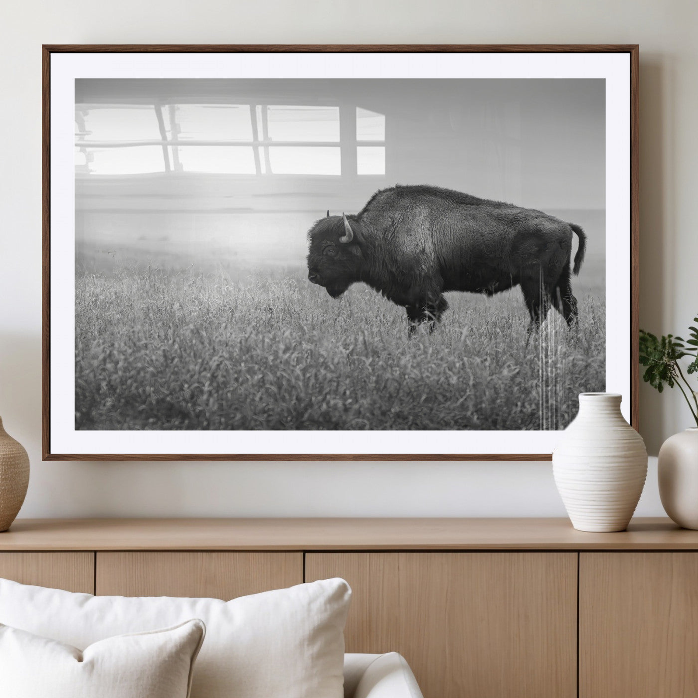 28435251-MGV-CV-36X24-Bison In Prairie Wall Art Canvas Print, Framed Rustic Wildlife Art Picture Print, Wild Buffalo Perfect Rustic Western Decor