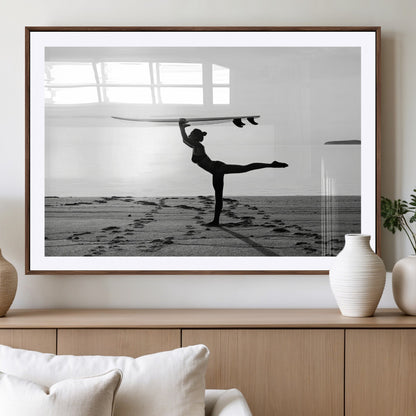 28441356-MGV-CV-36X24-Yoga Surf Wall Art Canvas Print, Framed Black White Shore Art Picture Print, Peaceful Ocean Perfect Minimalist Coastal Decor
