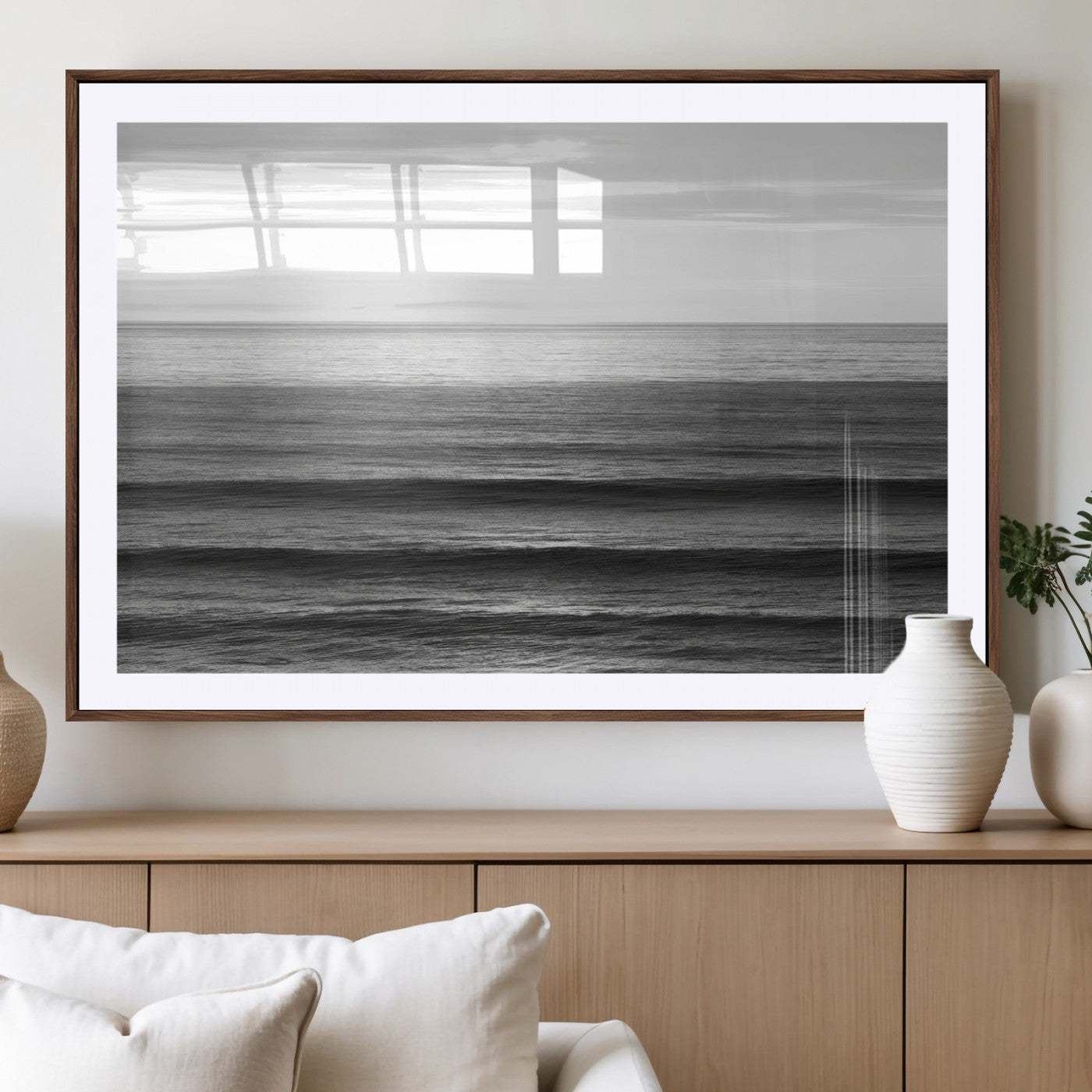 47305203-MGV-CV-36X24-Monochrome Ocean Wall Art Canvas Print, Framed Moody Ocean Art Picture Print, Calm Ocean Perfect Minimalist Coastal Decor Artwork