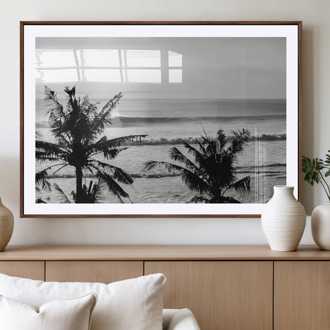 17508038-MGV-CV-36X24-Tropical Coastline Wall Art Canvas Print, Framed Palm Trees Art Picture Print, Ocean Waves Perfect Minimalist Coastal Decor