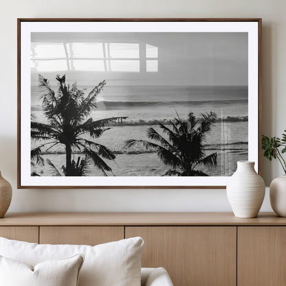 17508038-MGV-CV-36X24-Tropical Coastline Wall Art Canvas Print, Framed Palm Trees Art Picture Print, Ocean Waves Perfect Minimalist Coastal Decor