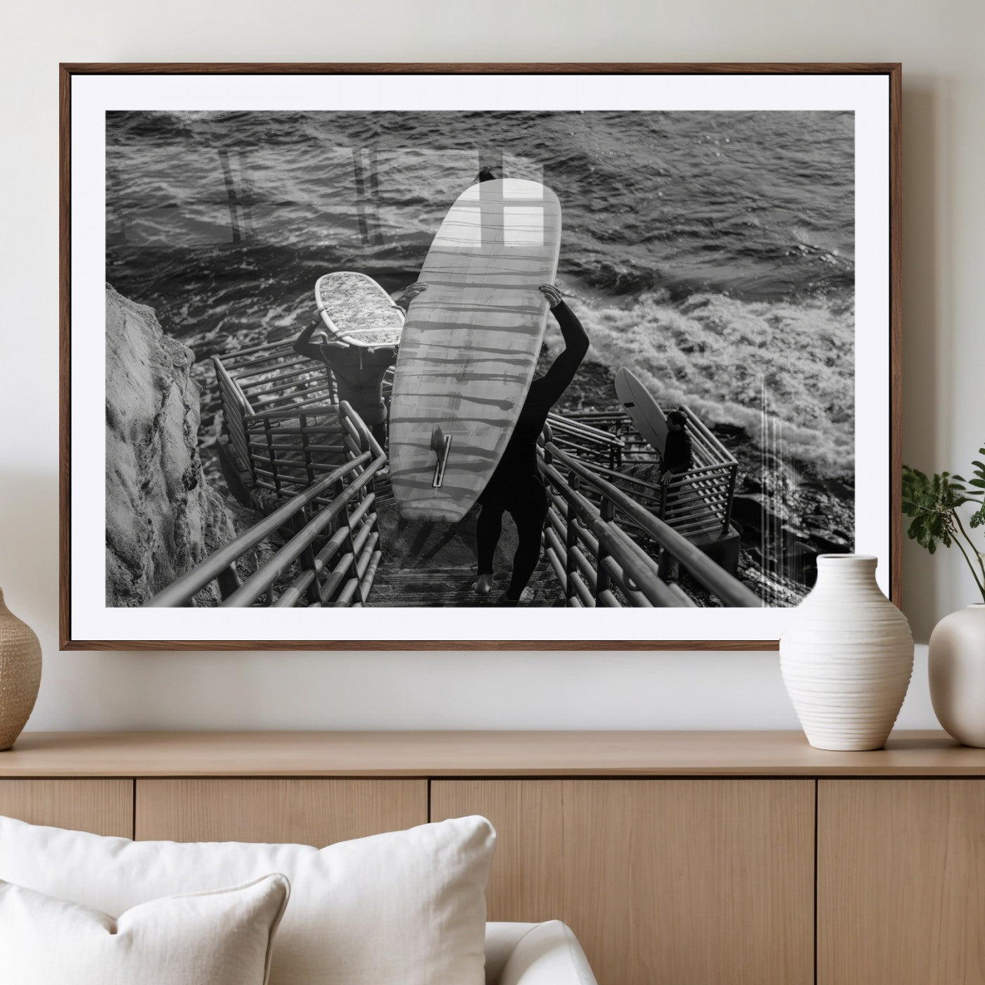 32353707-MGV-CV-36X24-Black White Surfing Wall Art Canvas Print, Framed Coastal Surfing Art Picture Print, Wave Riders Perfect Coastal Adventure Decor