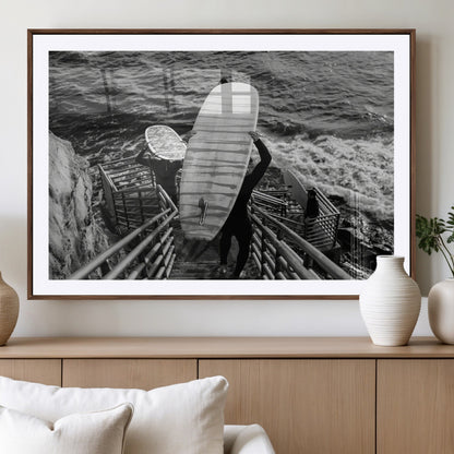 32353707-MGV-CV-36X24-Black White Surfing Wall Art Canvas Print, Framed Coastal Surfing Art Picture Print, Wave Riders Perfect Coastal Adventure Decor