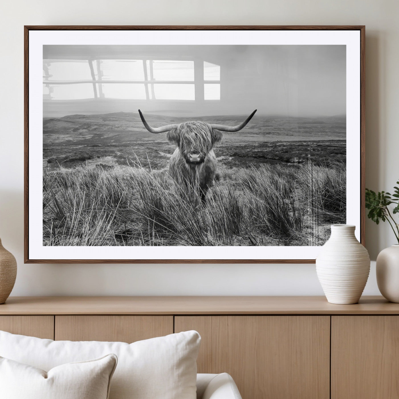 24051061-MGV-CV-36X24-Monochrome Highland Cow Wall Art Canvas Print, Framed Scottish Bull Art Picture Print, Lone Cattle Perfect Rustic Farmhouse Decor