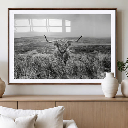 24051061-MGV-CV-36X24-Monochrome Highland Cow Wall Art Canvas Print, Framed Scottish Bull Art Picture Print, Lone Cattle Perfect Rustic Farmhouse Decor