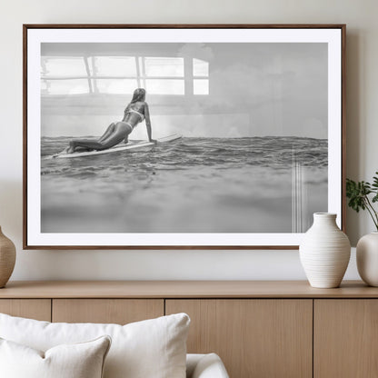 69798068-MGV-CV-36X24-Black White Surfing Wall Art Canvas Print, Framed Ocean Horizon Art Picture Print, Surfer Girl Perfect Coastal Adventure Decor