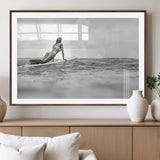 69798068-MGV-CV-36X24-Black White Surfing Wall Art Canvas Print, Framed Ocean Horizon Art Picture Print, Surfer Girl Perfect Coastal Adventure Decor