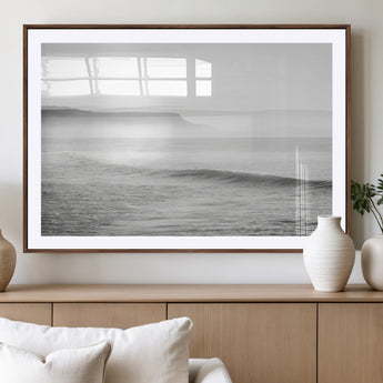 60635783-MGC-FP-36x24_Walnut-Black White Seascape Wall Art Canvas Print, Framed Ocean Waves Art Picture Print, Misty Coastal Perfect Minimalist Coastal Decor