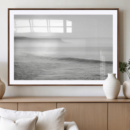 60635783-MGV-CV-36X24-Black White Seascape Wall Art Canvas Print, Framed Ocean Waves Art Picture Print, Misty Coastal Perfect Minimalist Coastal Decor