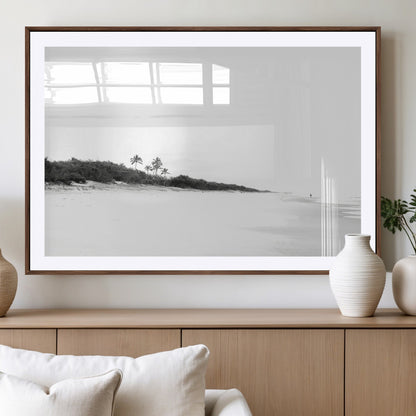 29611516-MGV-CV-36X24-Black White Beach Wall Art Canvas Print, Framed Palm Trees Art Picture Print, Monochrome Tropical Perfect Minimalist Coastal Decor