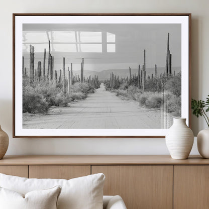 35537313-MGV-CV-36X24-Monochrome Desert Wall Art Canvas Print, Framed Cactus Path Art Picture Print, Southwestern Landscape Perfect Southwestern