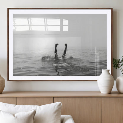 26667396-MGV-CV-36X24-Black White Ocean Wall Art Canvas Print, Framed Monochrome Water Art Picture Print, Diving into Water Perfect Minimalist Aquatic