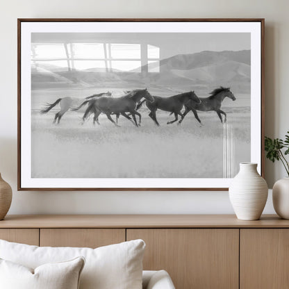 69934913-MGV-CV-36X24-Wild Horses Running Wall Art Canvas Print, Framed Black White Mustangs Art Picture Print, Rustic Western Perfect Rustic Western