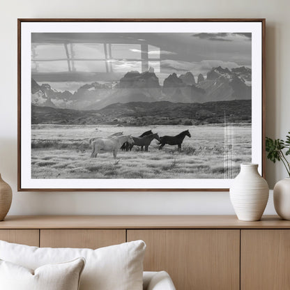 21655040-MGV-CV-36X24-Wild Horses Wall Art Canvas Print, Framed Black White Mountains Art Picture Print, Rustic Countryside Perfect Rustic Western Decor