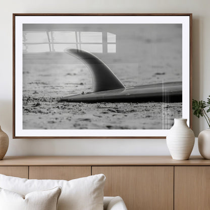 62314230-MGV-CV-36X24-Black White Surfboard Wall Art Canvas Print, Framed Minimalist Beach Art Picture Print, Surf Fin Perfect Minimalist Coastal Decor