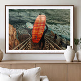 84555848-MGV-CV-36X24-Surfer Stairway Wall Art Canvas Print, Framed Ocean Surf Art Picture Print, Sunset Coastal Perfect Coastal Adventure Decor Artwork