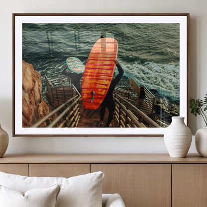 84555848-MGV-CV-36X24-Surfer Stairway Wall Art Canvas Print, Framed Ocean Surf Art Picture Print, Sunset Coastal Perfect Coastal Adventure Decor Artwork