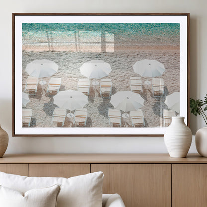 83736167-MGV-CV-36X24-Calm Beach Wall Art Canvas Print, Framed Turquoise Water Art Picture Print, Umbrella Shoreline Perfect Coastal Minimalist Decor
