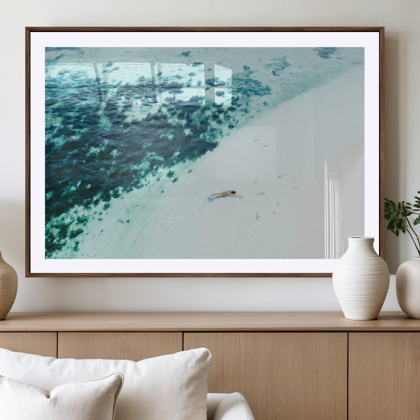 33764764-MGV-CV-36X24-Minimal Beach Wall Art Canvas Print, Framed Ocean Swimming Art Picture Print, Clear Ocean Perfect Minimal Coastal Decor Artwork