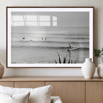33821421-MGV-CV-36X24-Surfer Silhouette Wall Art Canvas Print, Framed Calm Ocean Art Picture Print, Monochrome Surf Perfect Minimalist Coastal Decor
