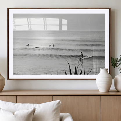 33821421-MGV-CV-36X24-Surfer Silhouette Wall Art Canvas Print, Framed Calm Ocean Art Picture Print, Monochrome Surf Perfect Minimalist Coastal Decor