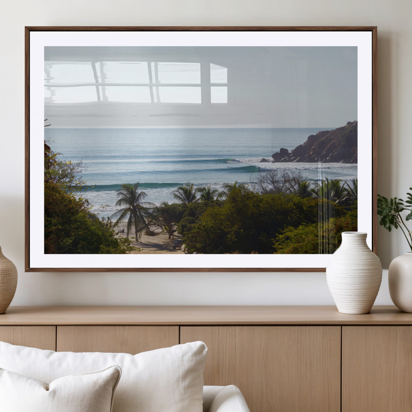 88336640-MGC-FP-36x24_Walnut-Tropical Beach Scene Wall Art Canvas Print, Framed Coastal Photography Art Picture Print, Ocean Horizon Art Perfect Coastal Boho