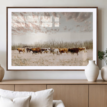 64892775-MGV-CV-36X24-Longhorn Cattle Wall Art Canvas Print, Framed Texas Ranch Art Picture Print, Western Cow Perfect Western Decor Artwork