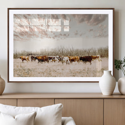64892775-MGV-CV-36X24-Longhorn Cattle Wall Art Canvas Print, Framed Texas Ranch Art Picture Print, Western Cow Perfect Western Decor Artwork