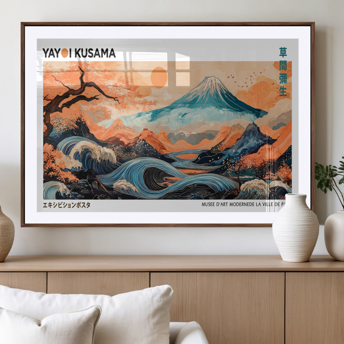 88785870-MGV-CV-36X24-Japanese Great Wave & Mt Fuji Wall Art – Ukiyo e Style Landscape Print with Flowing River, Autumn Mountain Poster, Oriental Asian
