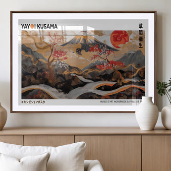 40959107-MGV-CV-36X24-Japanese Fuji Wall Art Print – Red Sun & Cherry Blossom Poster, Gold Wave Ukiyo-e Inspired Modern Japan Landscape Painting,