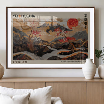 77970791-MGV-CV-36X24-Mount Fuji Golden Abstract Wall Art – Japanese Landscape Canvas Poster, Cherry Blossom & Red Sun Painting, Elegant Zen Oriental
