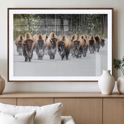22695857-MGV-CV-36X24-Bison Herd Scene Wall Art Canvas Print, Framed Western Wildlife Art Picture Print, Rustic Animal Art Perfect Rustic Lodge Decor
