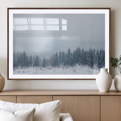 33033082-MGV-CV-36X24-Winter Forest Art Wall Art Canvas Print, Framed Snowy Landscape Art Picture Print, Misty Tree Scene Perfect Nordic Minimalist