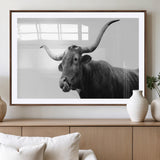 99244177-MGV-CV-36X24-Longhorn Photography Wall Art Canvas Print, Framed Western Cow Decor Art Picture Print, Black White Bull Perfect Modern Rustic