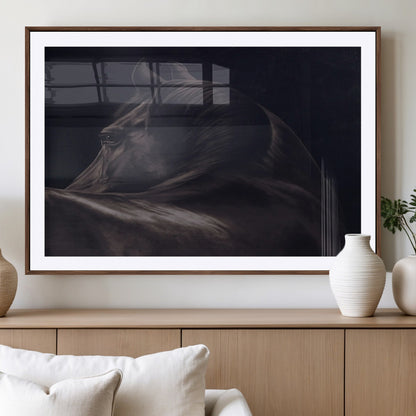 67026880-MGC-FP-36x24_Walnut-Black Horse Portrait Wall Art Canvas Print, Framed Moody Horse Decor Art Picture Print, Equestrian Wall Style Perfect Masculine