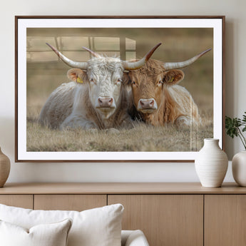 53388593-MGV-CV-36X24-Cow Photography Wall Art Canvas Print, Framed Rustic Animal Decor Art Picture Print, Texas Cow Pair Perfect Western Farmhouse