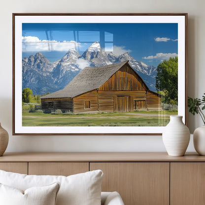 75948467-MGV-CV-36X24-Mountain Barn Scene Wall Art Canvas Print, Framed Rustic Farmhouse Style Art Picture Print, Country Cabin Decor Perfect Rustic