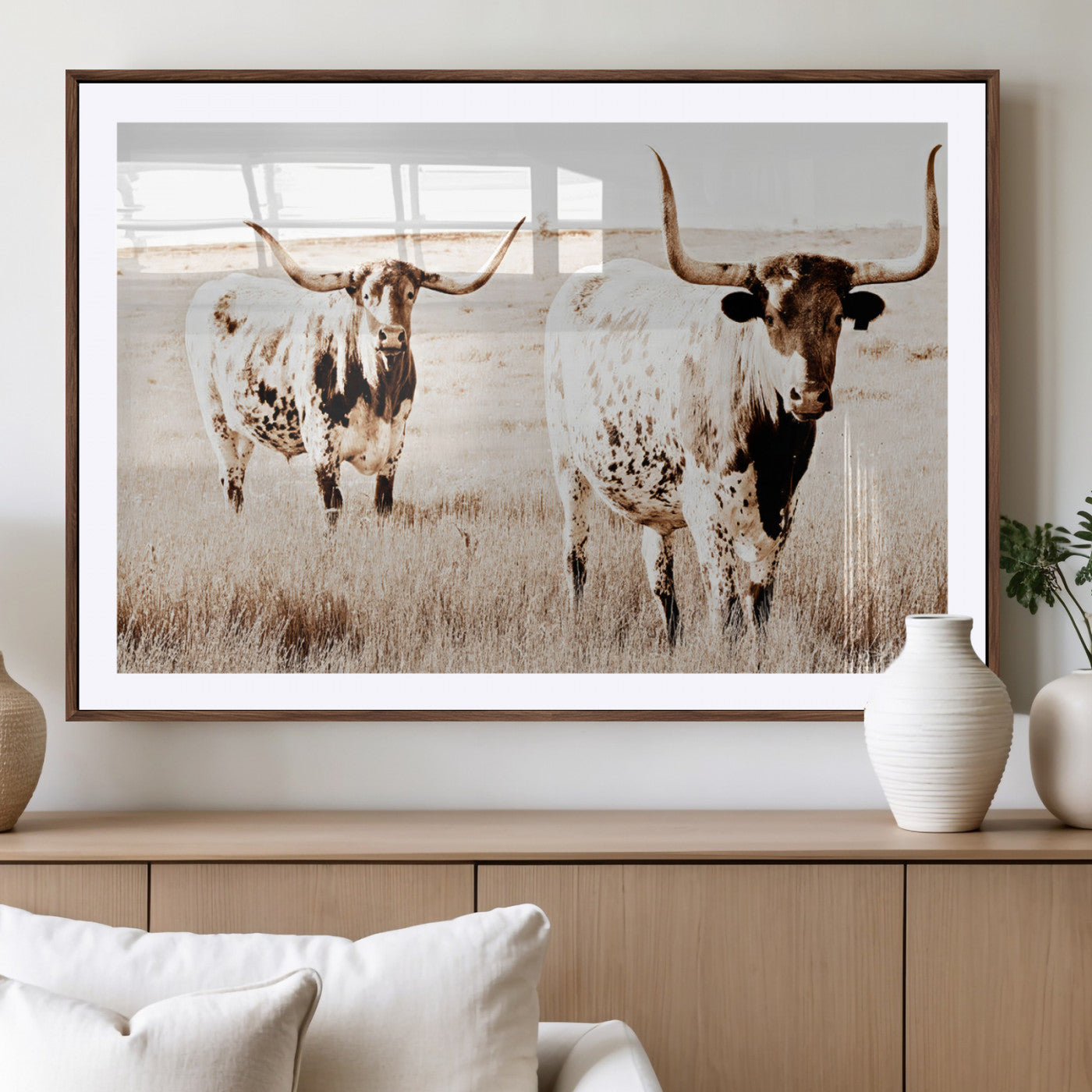 39672786-MGV-CV-36X24-Rustic Cow Scene Wall Art Canvas Print, Framed Farmhouse Style Cattle Art Picture Print, Prairie Animal Duo Perfect Rustic Western