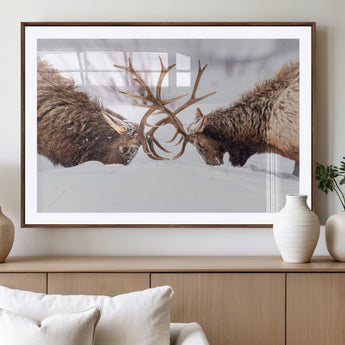 36507609-MGV-CV-36X24-Elk Clash Scene Wall Art Canvas Print, Framed Wildlife Strength Decor Art Picture Print, Snowy Forest Elk Perfect Rustic Lodge