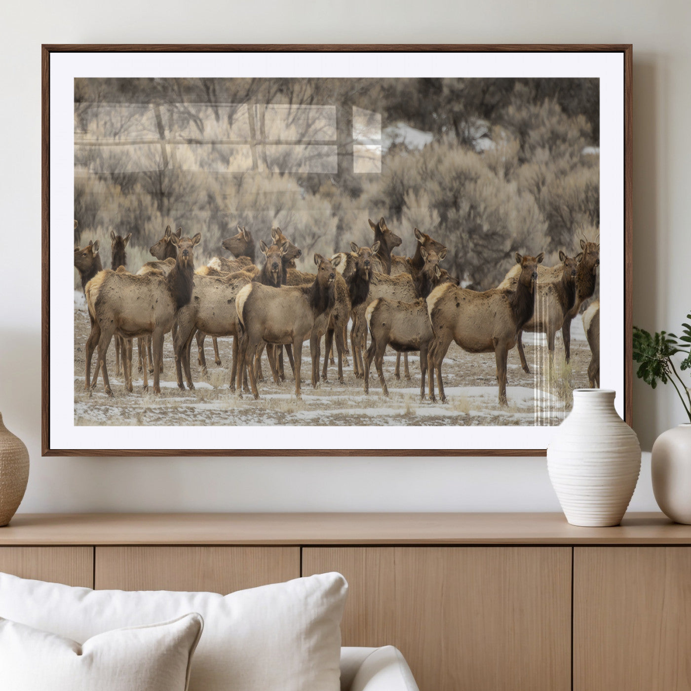 90269422-MGV-CV-36X24-Elk Herd Scene Wall Art Canvas Print, Framed Rustic Wildlife Decor Art Picture Print, Western Cabin Style Perfect Rustic Lodge