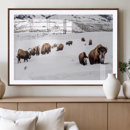 13891210-MGV-CV-36X24-Bison Herd Scene Wall Art Canvas Print, Framed Western Wildlife Decor Art Picture Print, Snowy Mountain Valley Perfect Rustic