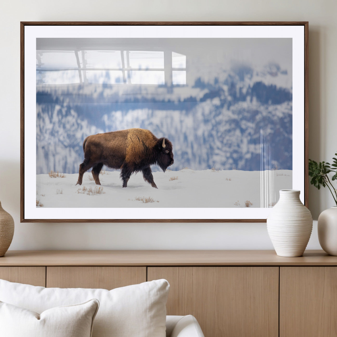 58512275-MGV-CV-36X24-Cowboy Aesthetic Wall Art Canvas Print, Framed Neutral Animal Theme Art Picture Print, Bison Ranch Style Perfect Rustic Western
