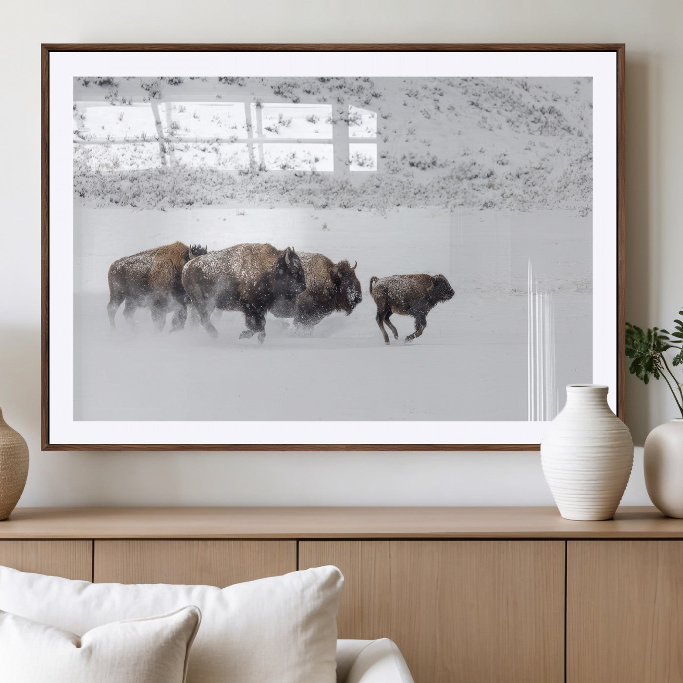 56216945-MGV-CV-36X24-Bison Herd Decor Wall Art Canvas Print, Framed Snowy Bison Scene Art Picture Print, Winter Wildlife Theme Perfect Rustic Western