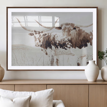 48161868-MGV-CV-36X24-Longhorn Cow Decor Wall Art Canvas Print, Framed Rustic Cattle Art Picture Print, Sepia Western Vibe Perfect Neutral Rustic