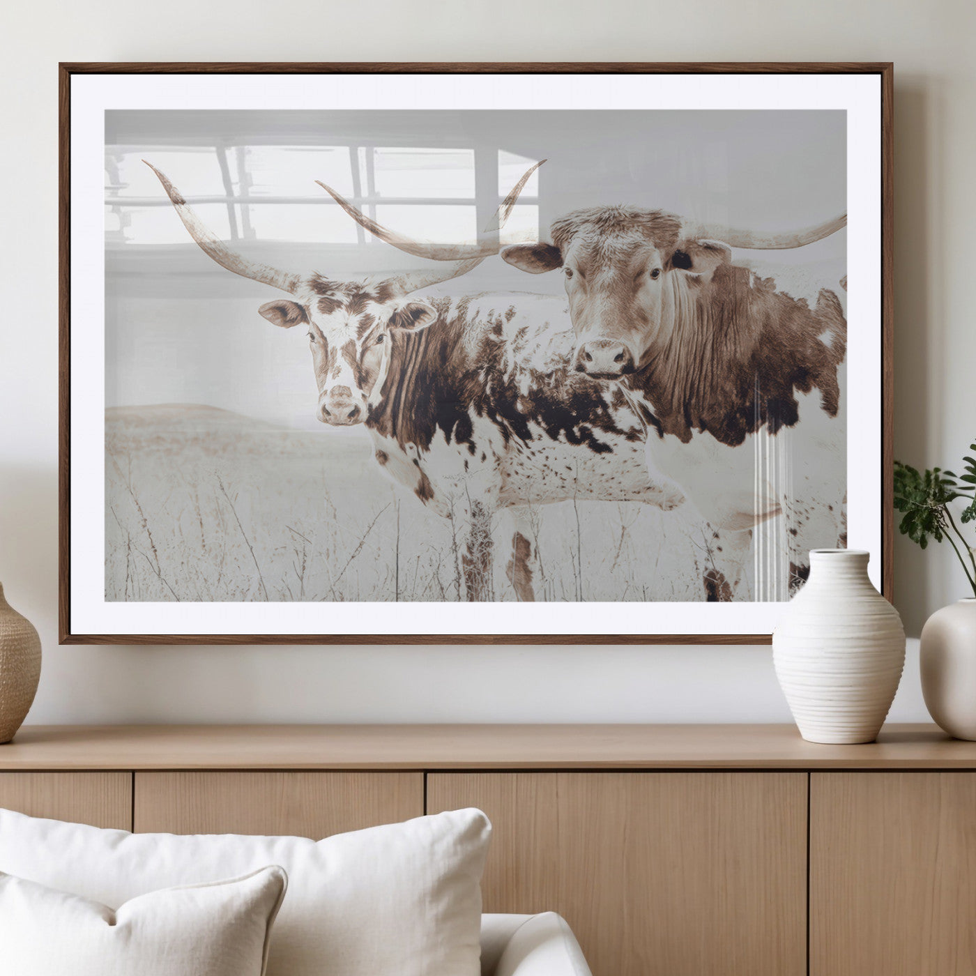 48161868-MGV-CV-36X24-Longhorn Cow Decor Wall Art Canvas Print, Framed Rustic Cattle Art Picture Print, Sepia Western Vibe Perfect Neutral Rustic