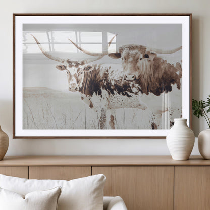 48161868-MGV-CV-36X24-Longhorn Cow Decor Wall Art Canvas Print, Framed Rustic Cattle Art Picture Print, Sepia Western Vibe Perfect Neutral Rustic